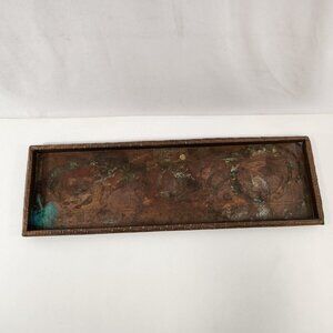 Chinese Copper Serving Tray Dragon Fish Symbols Bamboo Motif Antique 26x8"
